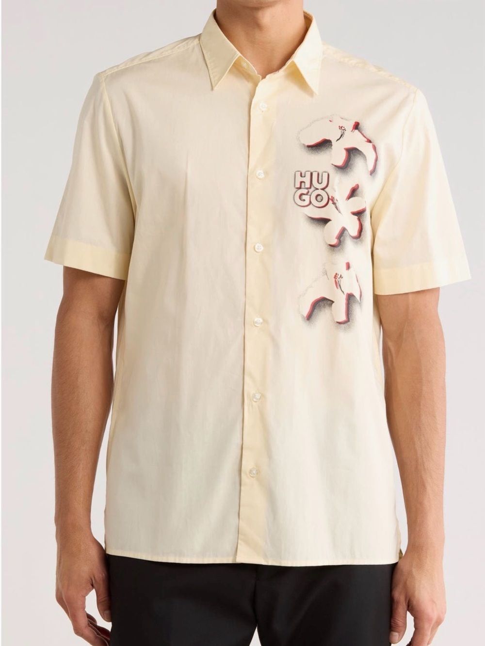 HUGO Cream Short-Sleeve Button-Down Shirt with Red Logo Accents